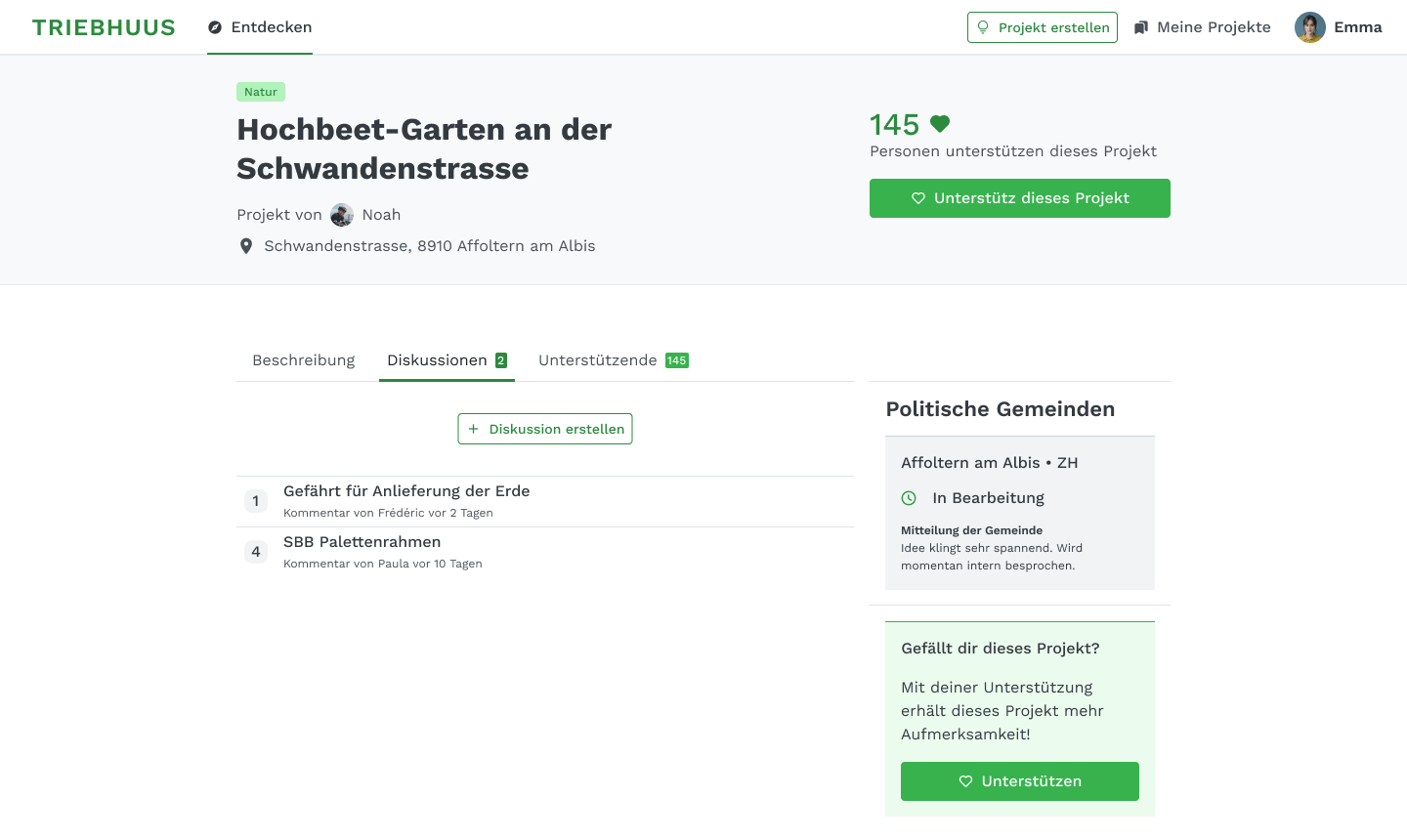 Ansicht der Diskussionen innerhalb eines Projektes